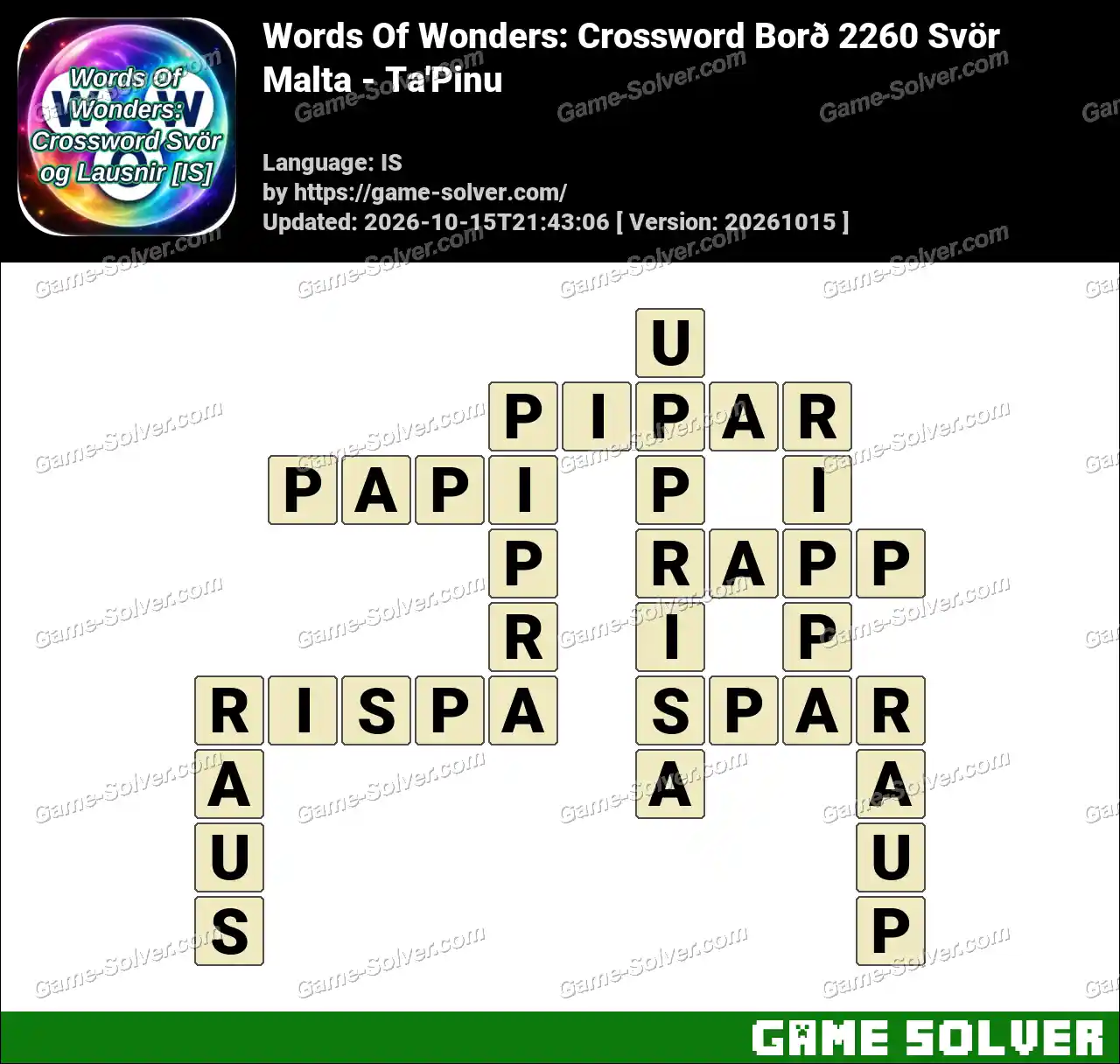 Words Of Wonders: Crossword Borð 2260 Svör – Malta – Ta’Pinu